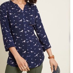 ModCloth Travel Button-Up Top in Navy Birds Blouse